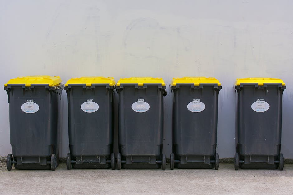 A black wheeled rubbish bin with a white label and the text 'ST. JOHN'S' printed on the front is positioned on a city sidewalk at night. The bin is partially open with its lid tilted, revealing a mix 